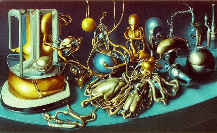 Image similar to strange seductive futuristic robot body, enticing colorful oil painting dutch golden age vanitas still life sparse composition with bulbous objects strange gooey transparent surfaces shiny metal reflections bizarre mutant meat insects rachel ruysch dali todd schorr very detailed perfect composition rule of thirds masterpiece canon 5 0 mm, cinematic lighting, photography, retro, film, kodachrome
