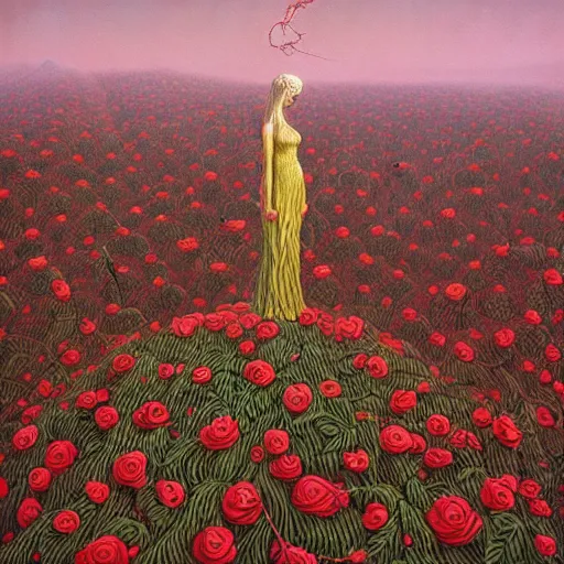 Image similar to a woman standing on a pile of vines and roses by jacek yerka, alex gray, zdzisław beksiński, dariusz zawadzki, jeffrey smith and h.r. giger, oil on canvas, 8k highly professionally detailed, trending on artstation