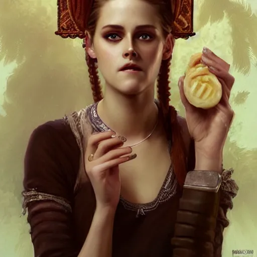 Prompt: portrait of Kirsten Stewart eatkng bananas, extra onions and ketchup, luscious patty with sesame seeds, feminine ethereal, handsome, D&D, fantasy, intricate, elegant, highly detailed, digital painting, artstation, concept art, matte, sharp focus, illustration, art by Artgerm and Greg Rutkowski and Alphonse Mucha