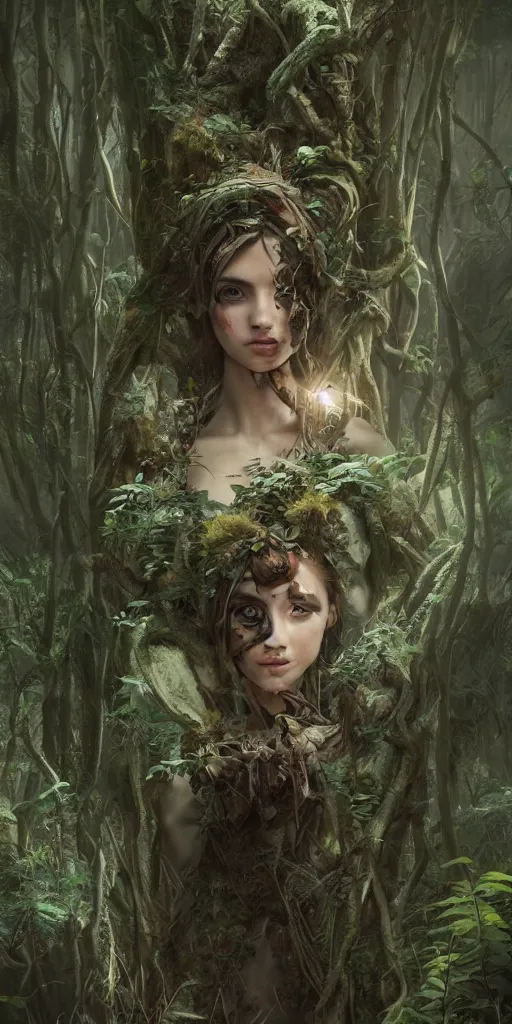 Image similar to a cyborg forest nymph in an ancient forest, ana de armas, flawless symmetrical pretty cute face, greg rutkowski, 8 k, shallow depth of field, intricate detail, concept art,