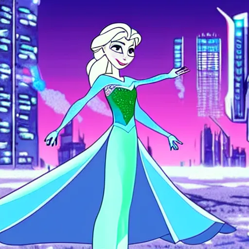 Image similar to elsa from frozen as a superhero in a dystopian cyberpunk city, animated style, cartoon style