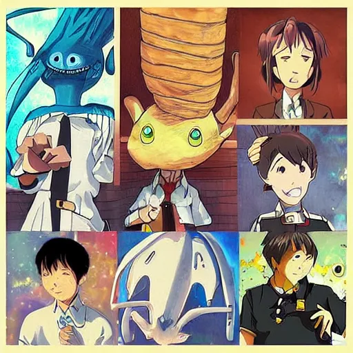 Prompt: “anime key visual of aliens in the style of studio ghibli, pixiv”