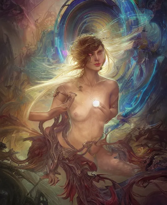 Prompt: a whirlwind of souls rushing inside the metaverse, half body, glowin eyes, mystical insects, mystical birds, lizards, snakes, d & d, fantasy, intricate, elegant, highly detailed, colorful, vivid color, digital painting, artstation, concept art, art by artgerm and greg rutkowski and alphonse mucha and ruan jia