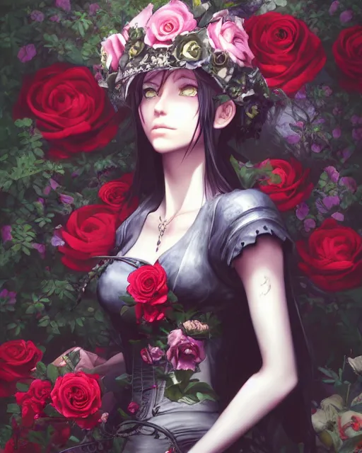 Prompt: an elegant lady surrounded by skulls in a garden full of roses, final fantasy, final fantasy, cushart krenz, very detailed, realistic face, detailed face, matte, tonemapping, perfection, 4 k,