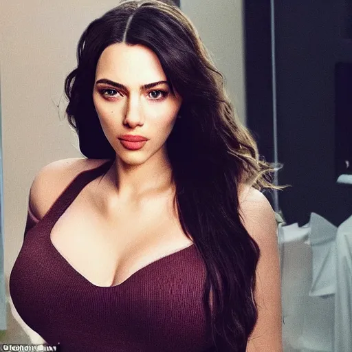 Image similar to a woman who is a genetic combination of kim kardashian and kat dennings and scarlett johansson and margot robbie and emma watson, face and upper - body focus, detailed eyes