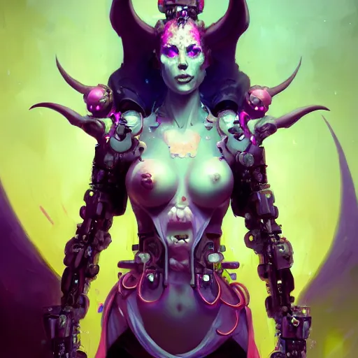 Prompt: a portrait of a beautiful demonic cybernetic princess of hell, cyberpunk concept art by pete mohrbacher and wlop and artgerm and josan gonzales, digital art, highly detailed, intricate, sci-fi, sharp focus, Trending on Artstation HQ, deviantart, unreal engine 5, 4K UHD image