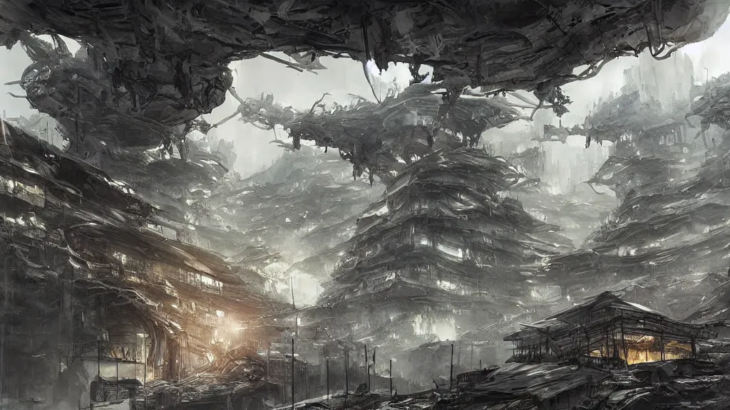 Image similar to post - apocalyspe settlement with houses, hydroponic farms, cave entrance, at dawn, painted by tsutomu nihei, painted by artgerm and greg rutkowski