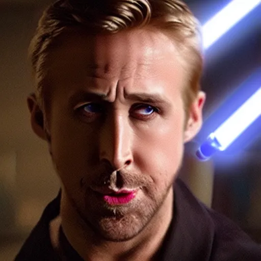 Prompt: Ryan Gosling pierce Darth Vader with a lightsaber , hyper realistic, 4k, 8k, cinematik