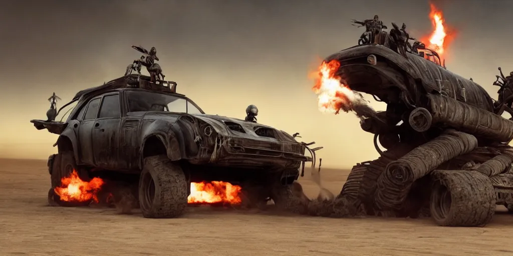 Image similar to Darth Vader standing on the hood of a driving post apocalyptic battle car in the desert and weilding a flamethrower, Mad Max Fury Road style, sandstorm