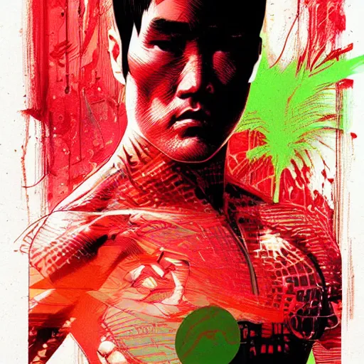 Prompt: very detailed portrait illustration of Bruce Lee as cyborg front view by Tomer Hanuka, Sachin Teng, beautiful red and green palette, fantasy art, texture surface,