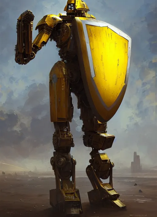 Image similar to human-sized strong intricate yellow pit droid carrying very detailed great sword and beautiful large paladin shield, pancake short large head, exposed metal bones, painterly humanoid mecha, by Greg Rutkowski