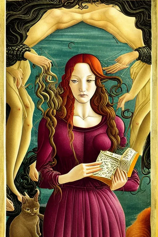 Image similar to botticelli illustration of romantic girl, her cat and her book of necronomicon, symmetrical, cinematic, sharp focus, 4 k, ultra hd, sense of awe, sinister demonic atmosphere, dreadful, forbidden knowledge, old gods, cthulhu, yog - sothoth! yah, yah, yah! cultist journal cover