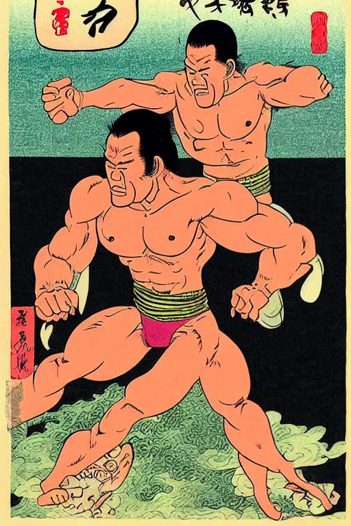 Image similar to antonio inoki crushes a bus with his bare hands, ukiyo - e art by ed roth and basil wolverton ), crisp