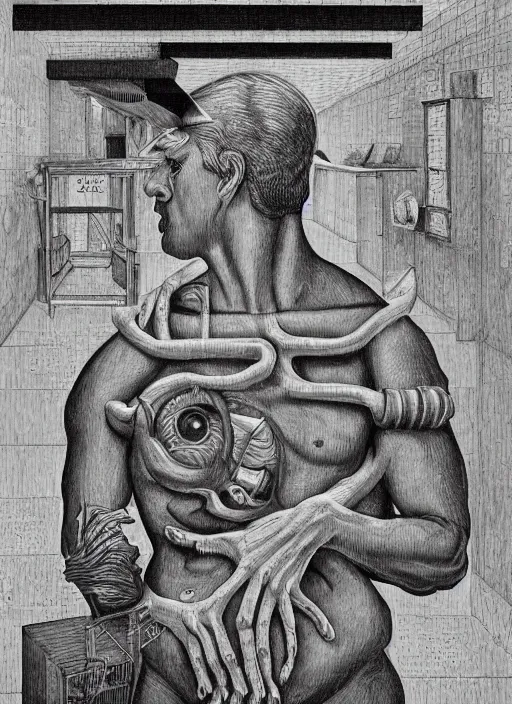 Image similar to a portrait of a school teacher, 🚿🗝📝, 8 k, lowbrow, in the style of mc escher and hr giger,