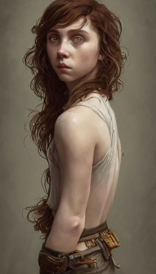 Image similar to Sophia Lillis, long hair, sweaty, insane, intricate, highly detailed, digital painting, artstation, concept art, smooth, sharp focus, illustration, Unreal Engine 5, 8K, art by artgerm and greg rutkowski and alphonse mucha