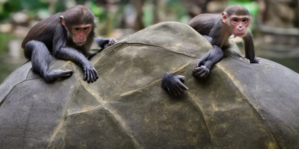 Image similar to a monkey sitting on the back of a turtle