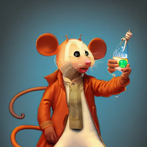 Image similar to anthropomorphic mouse in the lab coat catsing fireball, pixar style, concept art, character turnaround, trending on artstation, childrens illustrated storybook, by jay naylor, alphonse mucha and cory loftis and matthias lechner