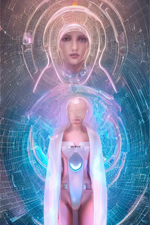 Image similar to detailed portrait cyber noun, attractive feminine curves, intricated, scifi, futuristic, elegant cape, year 2 1 0 0, elegant, alien room background, white, blue, pink, gold, photorealism, trending on artstation, so - s 1 4 8 ft light, holy machine, advanced technology, art by vitaly bulgarov and chanthara