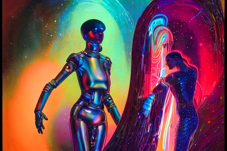 Prompt: patron saint of 👽 🌈👩🏾, futuristic clothing, woman and robot, disco party, neon god of city character portrait, in the style of moebius, tom bagshaw, and waterhouse, cinematic lighting, beautiful, elegant, oil painting,