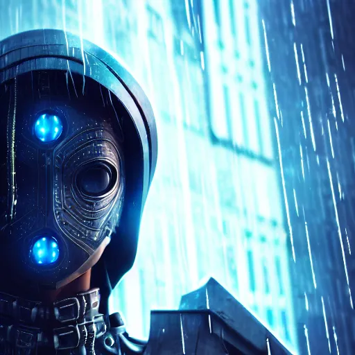 Prompt: An hyperrealistic portrait painting of a female cyberpunk armor warrrior, no face mask, blue and ice silver color armor, cyberpunk feel raining at tokyo midnight rooftop, unreal 5, DAZ, 8k, hyperrealistic, octane render, cosplay, RPG portrait, final fantasy artwork concept, dramatic lighting, rim lights, PS5 render quality