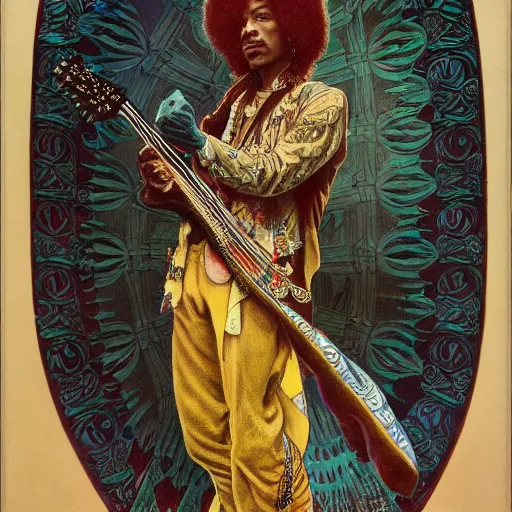 Image similar to artwork by Franklin Booth and Alphonse Mucha showing a portrait of Jimi Hendrix