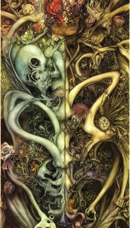 Prompt: life and death mixing together, by brian froud