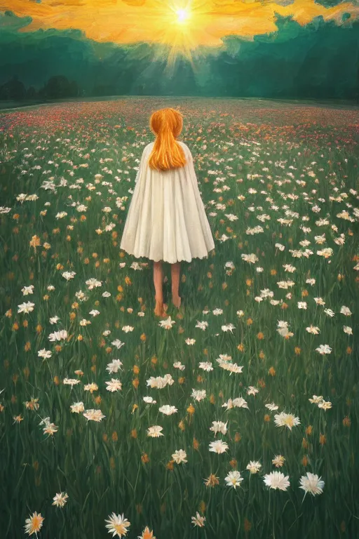 Image similar to giant white daisy flower veil, girl standing in a flower field, surreal photography, sunrise, dramatic light, impressionist painting, colorful clouds, digital painting, artstation, simon stalenhag