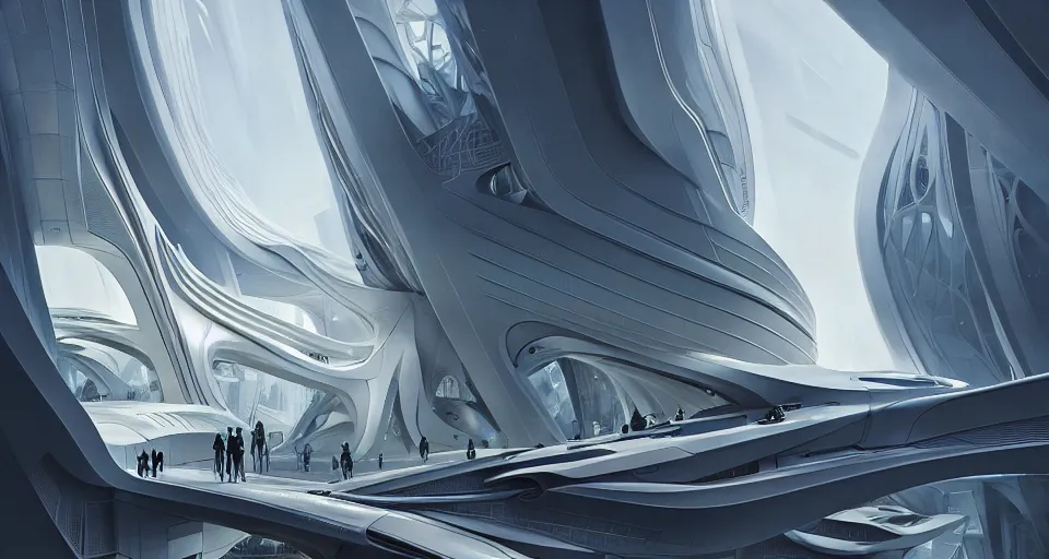 Image similar to cinematic shot, futuristic building, crowded, utopian, zaha hadid, shiny, white, lights, digital painting, artstation, concept art, smooth, sharp focus, illustration, intricate, elegant, highly detailed, in the style of greg rutkowski and alphonse mucha and artemisia, 8 k, highly detailed, jurgens, rutkowski