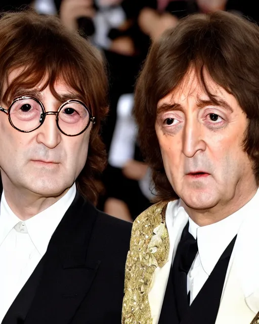Image similar to genetic combination of john lennon and paul mccartney, photographed at met gala, dynamic lighting, ultra detailed