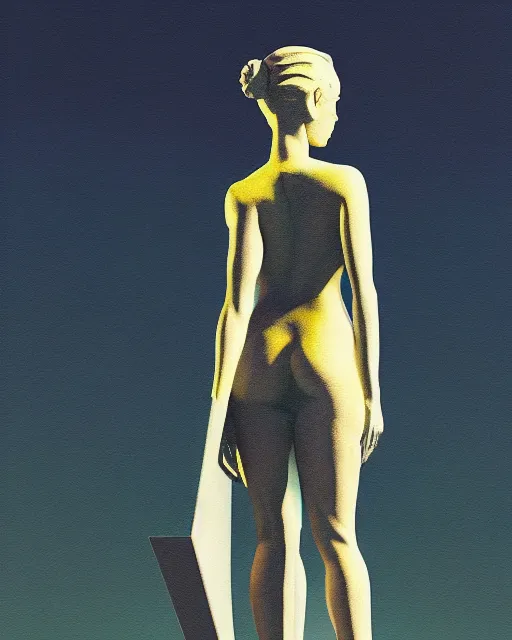 Image similar to a painting of a woman standing in front of a statue, a screenshot by stanley twardowicz, cgsociety, aestheticism, aesthetic, vaporwave, anime aesthetic