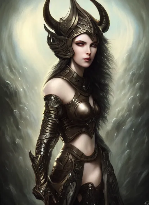 Image similar to a beautiful woman with horns and armor, painted by artgerm and tom bagshaw, fantasy art, dramatic lighting, highly detailed oil painting