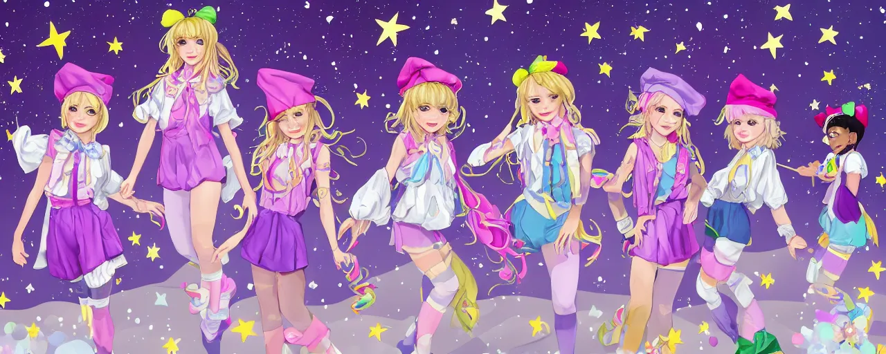 Image similar to A character sheet of full body cute magical girls with short blond hair wearing an oversized purple Beret, Purple overall shorts, Short Puffy pants made of silk, pointy jester shoes, a big billowy scarf, and white leggings. Rainbow accessories all over. Flowing fabric. Golden Ribbon. Covered in stars. Fancy Dress. Jasmine Pants. Short Hair. Art by Johannes Helgeson and william-adolphe bouguereau and Paul Delaroche and Alexandre Cabanel and Lawrence Alma-Tadema and WLOP and Artgerm. Fashion Photography. Decora Fashion. harajuku street fashion. Kawaii Design. Intricate, elegant, Highly Detailed. Smooth, Sharp Focus, Illustration Photo real. realistic. Hyper Realistic. Sunlit. Moonlight. Dreamlike. Fantasy Concept Art. Surrounded by clouds. Artist Clothes. Painter Clothes. Dreamer. 4K. UHD. Denoise.