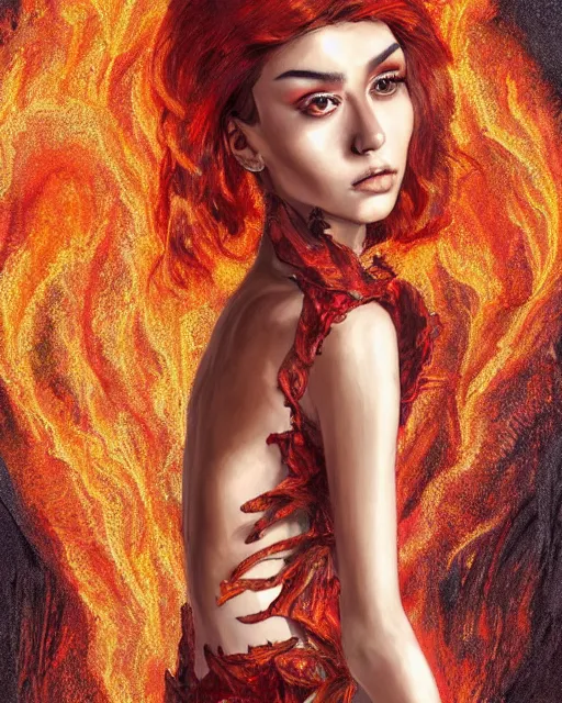 Image similar to Girl at a fashion show in hell, fire, lava, intricate, elegant, highly detailed, digital painting, artstation, concept art, smooth, sharp focus, illustration,photo for magazine, Designer clothes, futuristic clothes, voge photo, fashion style, fullbody, in full growth, Clear facial features, photorealistic, high resolution, highly detailed, details, good clear quality, art by Zdzisław Beksiński