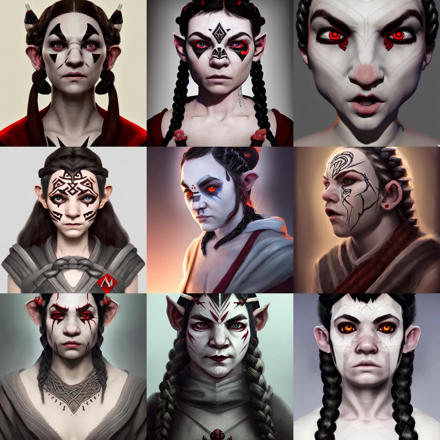 Prompt: dnd avatar portrait of halfling, strange geometric facial tattoos, grey robe, pale - white skin, red eyes, white braided hair, black hair - bows, tired haunted expression, artstation, cinematic lighting, hyper - detailed 8 k