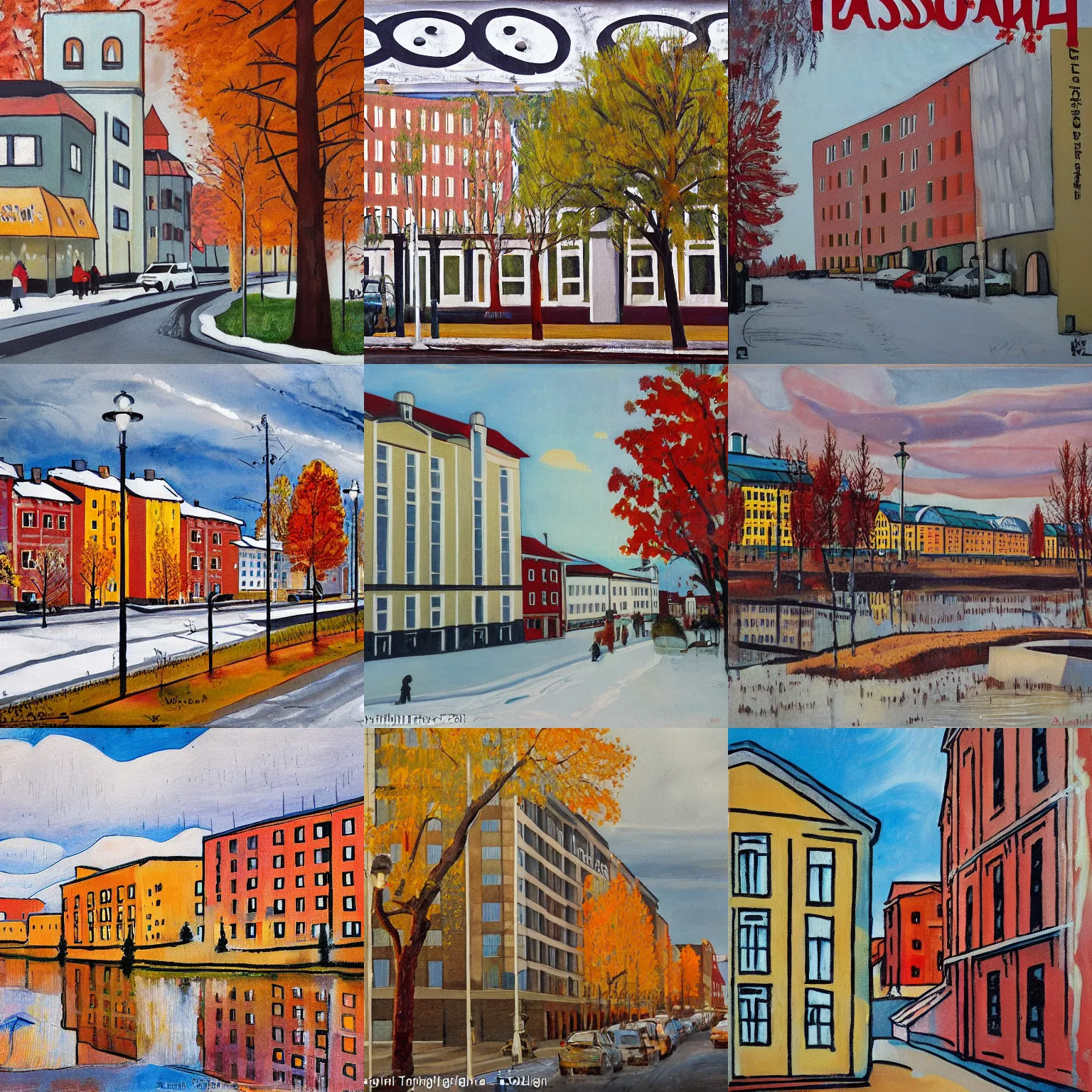 Prompt: tourism ad for **Oulu**, *Finland*, painting by Akseli Gallen-Kallela, gray autumn morning, apartment building with ***graffiti on a wall saying paska kaupunni***