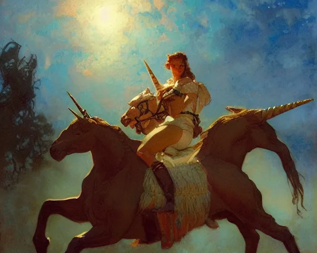 Image similar to rider on a unicorn through the dark, painting by gaston bussiere, craig mullins, j. c. leyendecker