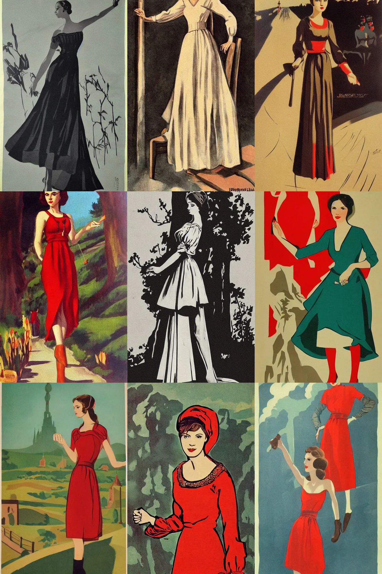 Prompt: beautiful slender young woman, elegant look, peasant dress, soviet propaganda art