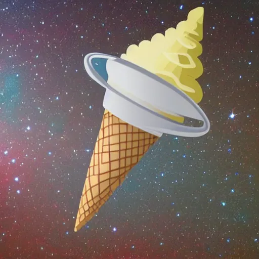 Prompt: spaceship shaped like an ice cream cone flying through space