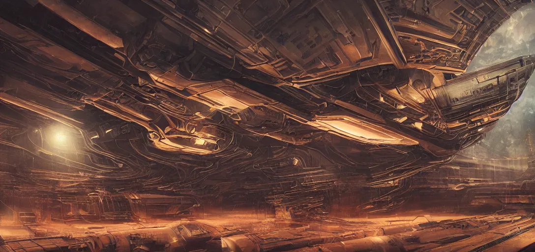 Image similar to realistic cinematic sci - fi mothership interior or exteror - machinery, tubes wires path intricate matte painting masterpiece warm tones quiet