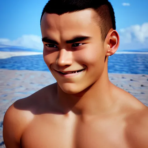 Image similar to beautiful serene intricate photograph of sokka from the water tribe as an inuit young man, dark hair, light blue eyes, smiling softly, relaxing on the beach, golden hour, soft focus, 8 k, art by irakli nadar, hyperrealism, hyperdetailed, ultra realistic