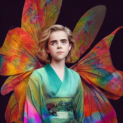 Prompt: stunning, breathtaking, awe - inspiring award - winning concept art of kiernan shipka as a faerie wearing a colorful kimono, extremely moody lighting