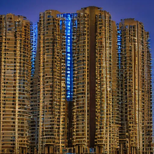 Image similar to a wide shot of a sci - fi beautiful neo - brutalist monumental multi - building structure, tall buildings with spaceship parking lots on top, with many rounded elements sprouting from the base tower creating a feel of an organic structure, photography shot at blue hour