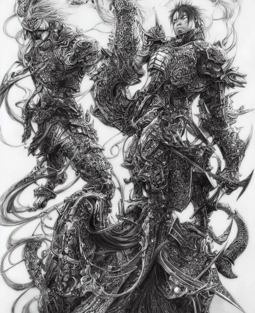 Prompt: hyper - realistic pencil drawing inspired by shinichi sakamoto of a fantasy warrior with hyper detailed and ornate art nouveau medieval armor, long hair twirling, very exaggerated fisheye perspective, art by yoshitaka amano and kojima ayami