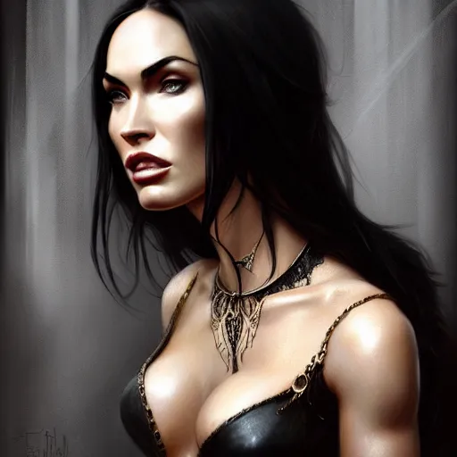 Prompt: portrait of megan fox, muscular upper body, collar, greek, jewelry, black dress, fantasy, intricate, elegant, highly detailed, digital painting, artstation, concept art, matte, sharp focus, illustration, art by aenaluck and roberto ferri and greg rutkowski, epic fantasy, digital painting