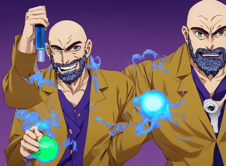 Prompt: In the style of JoJos Bizarre Adventure: The handsome bald italian scientist with brown eyes and a full beard wearing a labcoat smiles wide as he carefully holds two test tubes with brightly glowing liquids with energetic aura, his pose is wide stanced and unnaturally wide as he tilts his head looking directly at the camera with piercing eyes and flowing blue green aura emanates from his body, ultra high resolution, intricate details