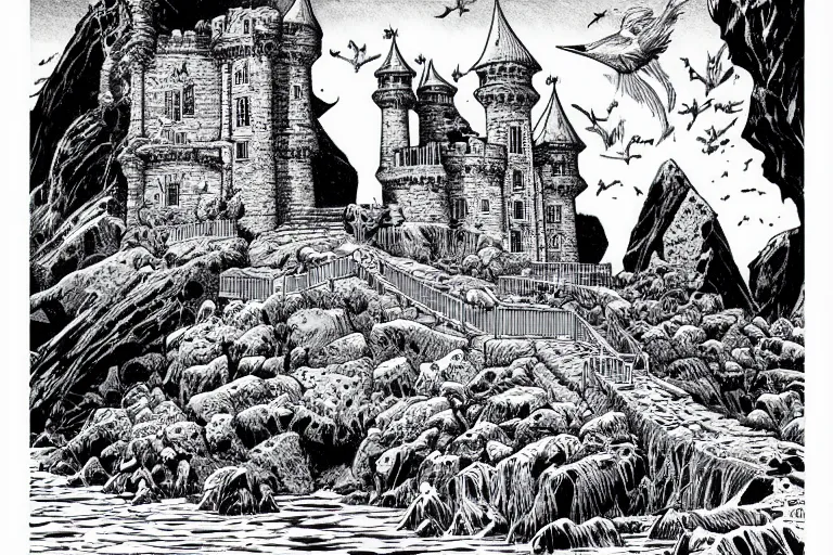 Prompt: an old castle on a seaside cliff by joe fenton and bernie wrightson and, mike allred, coloring book, line art, simple, low detail,