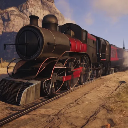 Image similar to futuristic sleek steam locomotive in red dead redemption 2