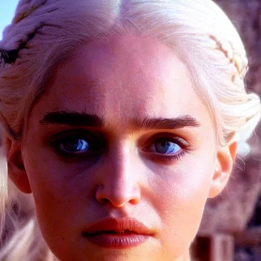 Prompt: a selfie of daenerys targaryen played by a young natalie portman with smooth skin and light violet eyes, ethereal, medium shot, detailed eyes, vivid, golden hour