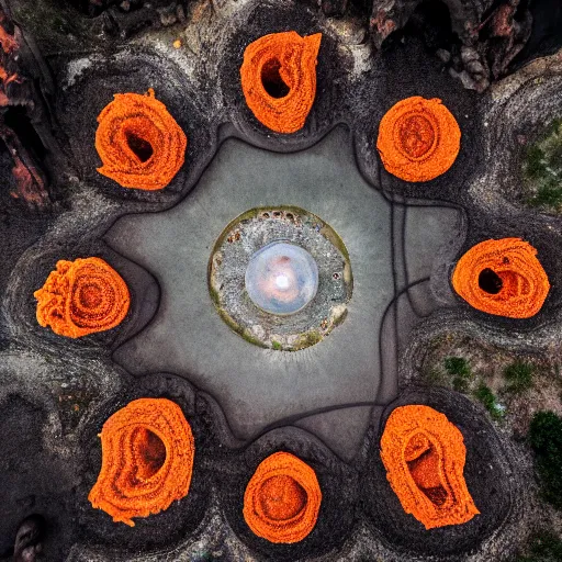 Image similar to ancient demon summoning, magic, volcanic acitvity, shot from drone, intricate abstract