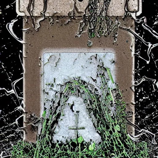 Image similar to dreadful, composed by ferdinand keller, by ron garney bauhaus, glitch art. the experimental art shows a grave that has been flooded with water. the grave is located in a cemetery in italy. the water in the grave is dirty & there is trash floating in it. the grave is surrounded by a fence.